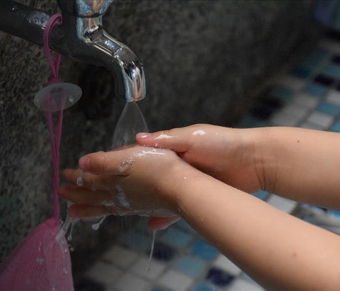 a child washes their hands with soap